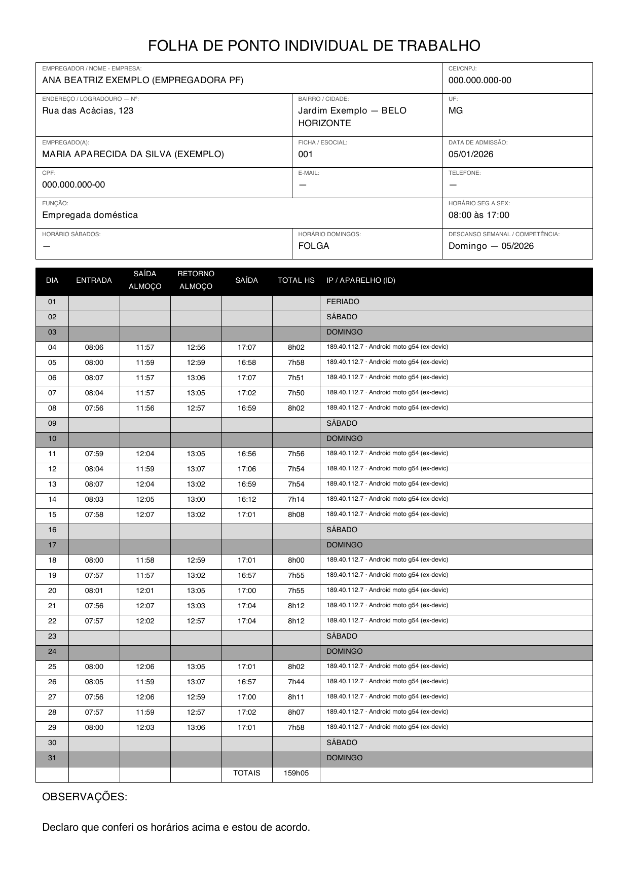 Exemplo da folha de ponto mensal em PDF enviada ao contador