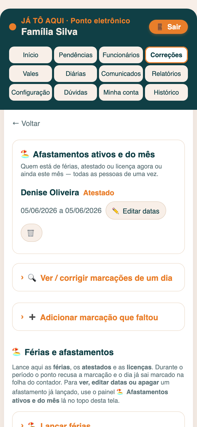 Tela do app: correções e afastamentos
