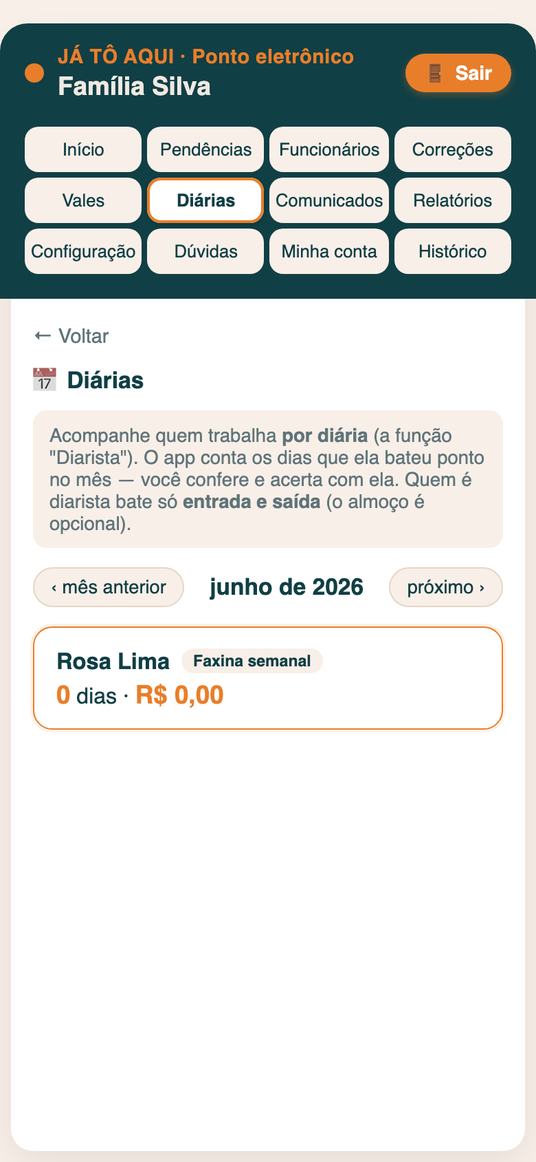Tela do app: diárias