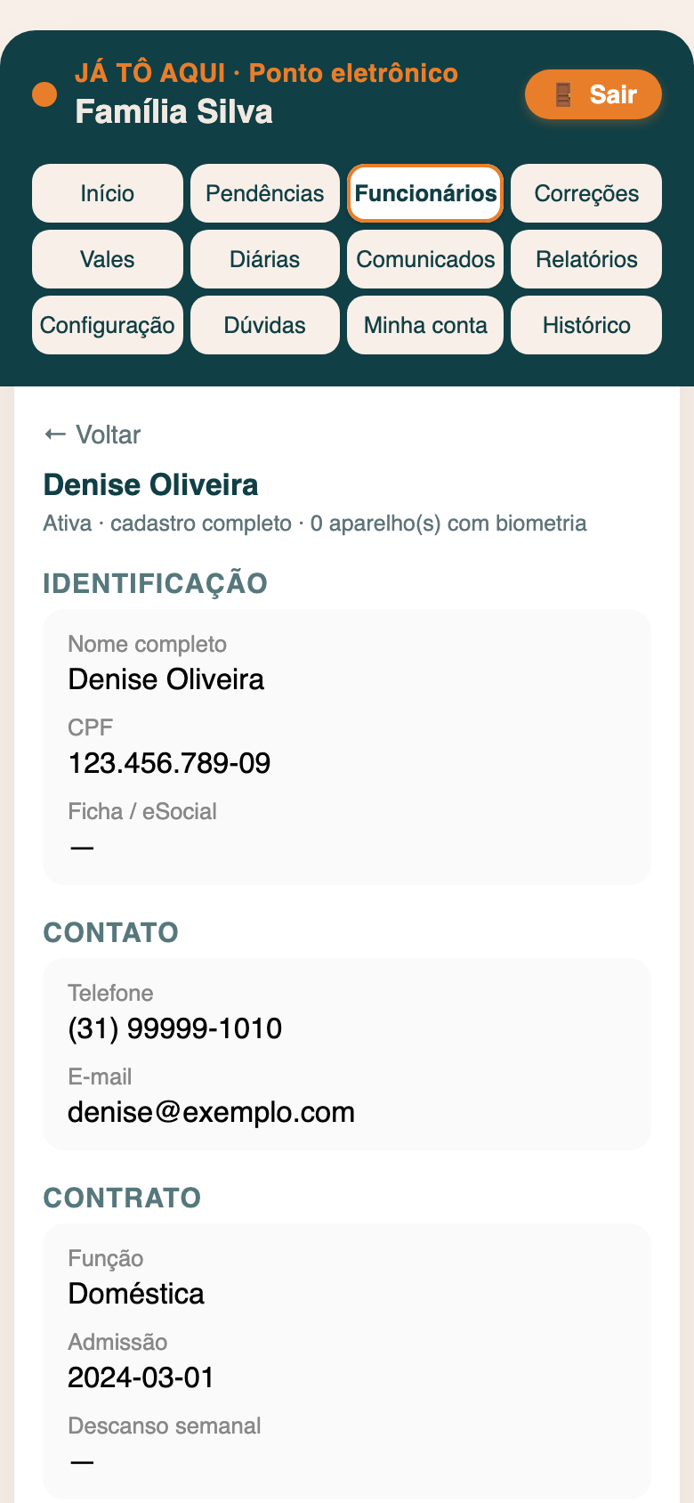 Tela do app: ficha do funcionário