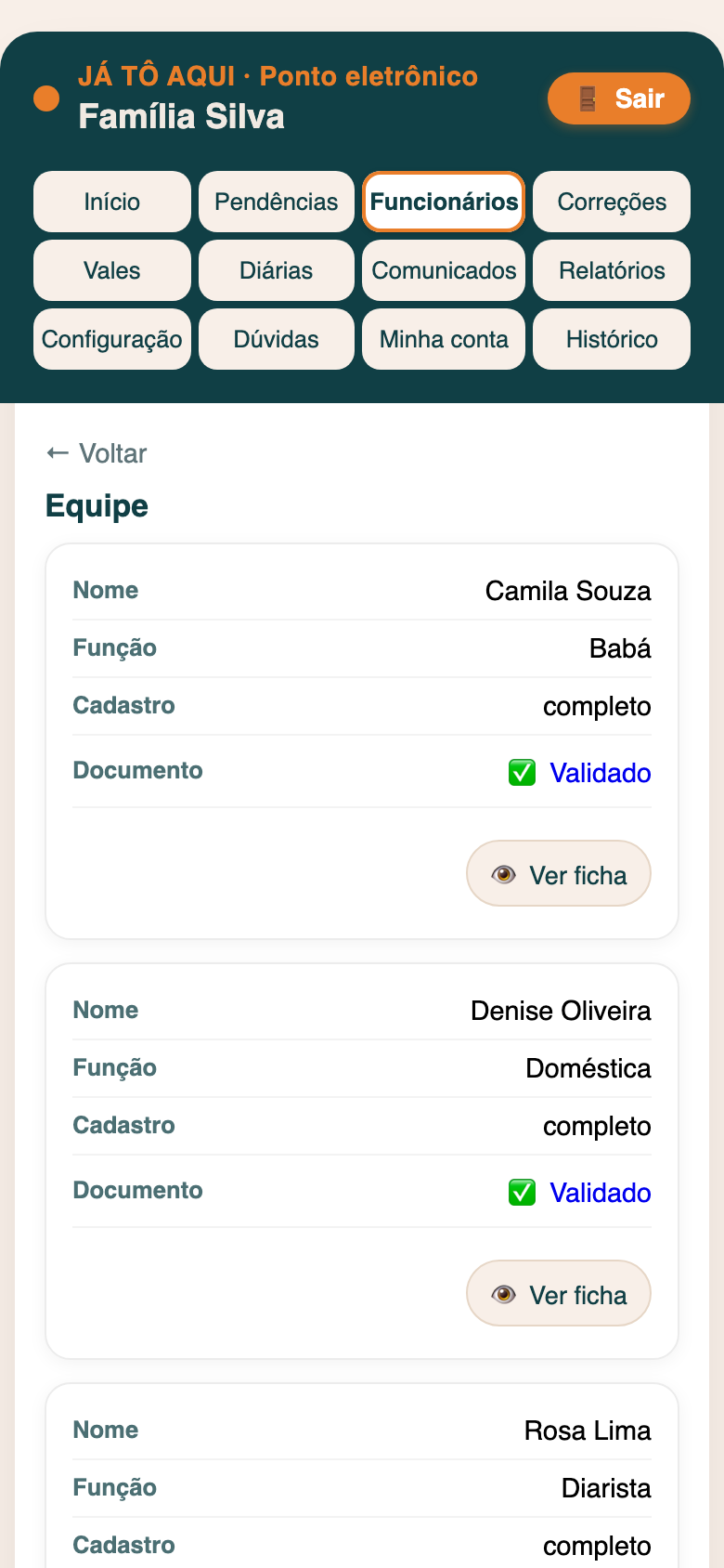 Tela do app: painel de funcionários
