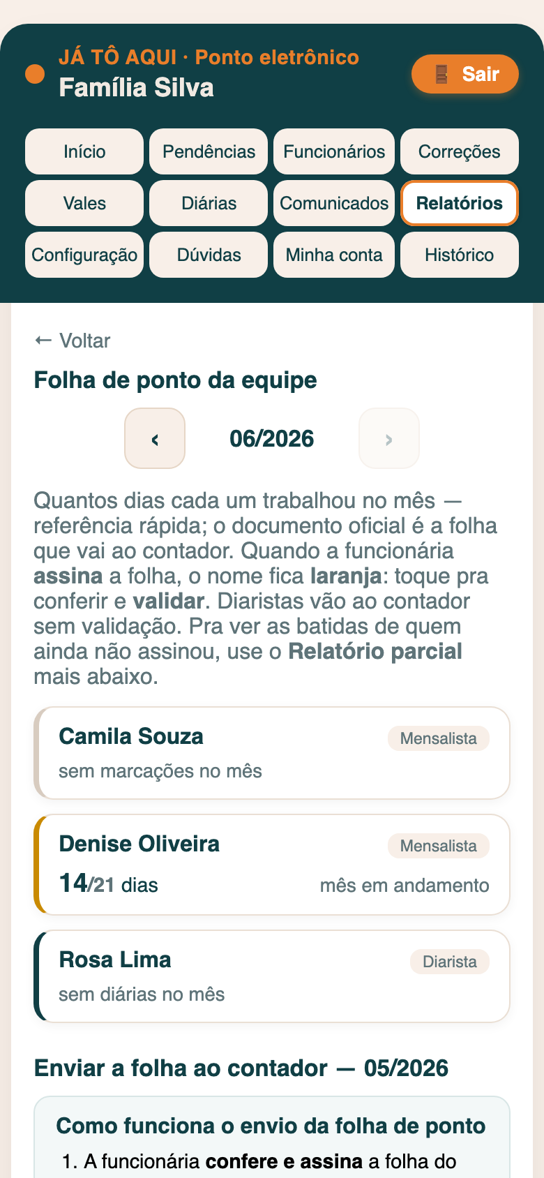 Tela do app: relatórios e folha