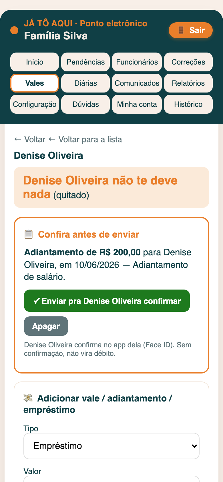 Tela do app: vales