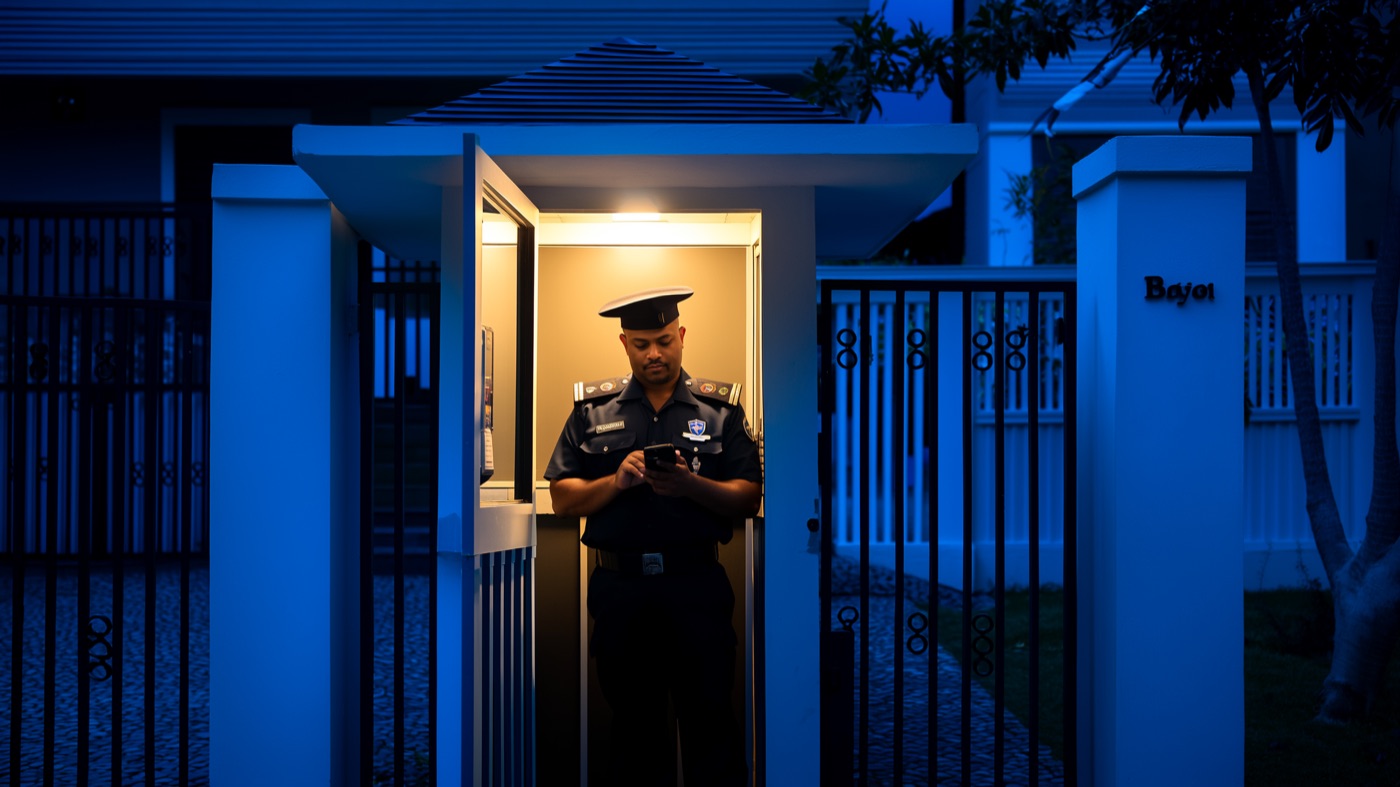 Segurança de condomínio batendo o ponto na guarita à noite