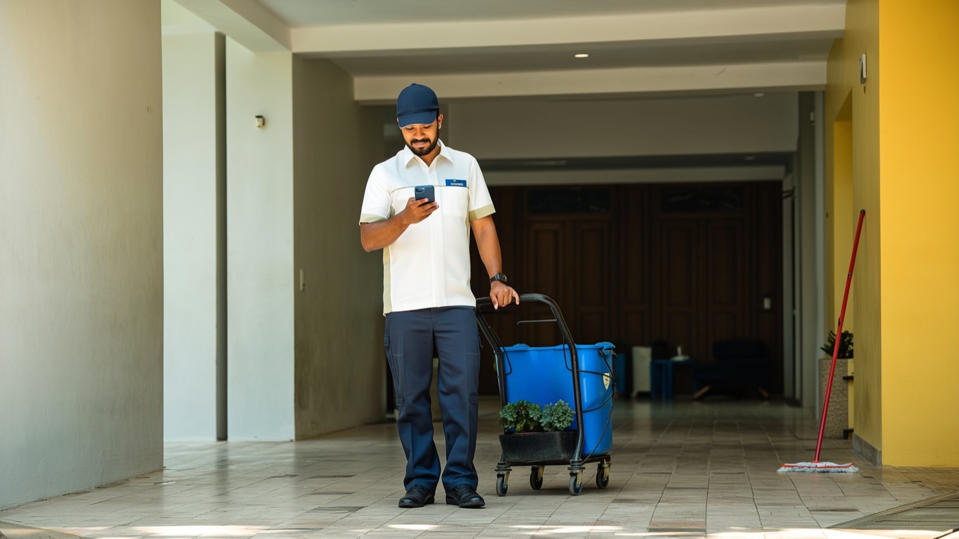 Equipe de limpeza de prédio batendo o ponto pelo celular