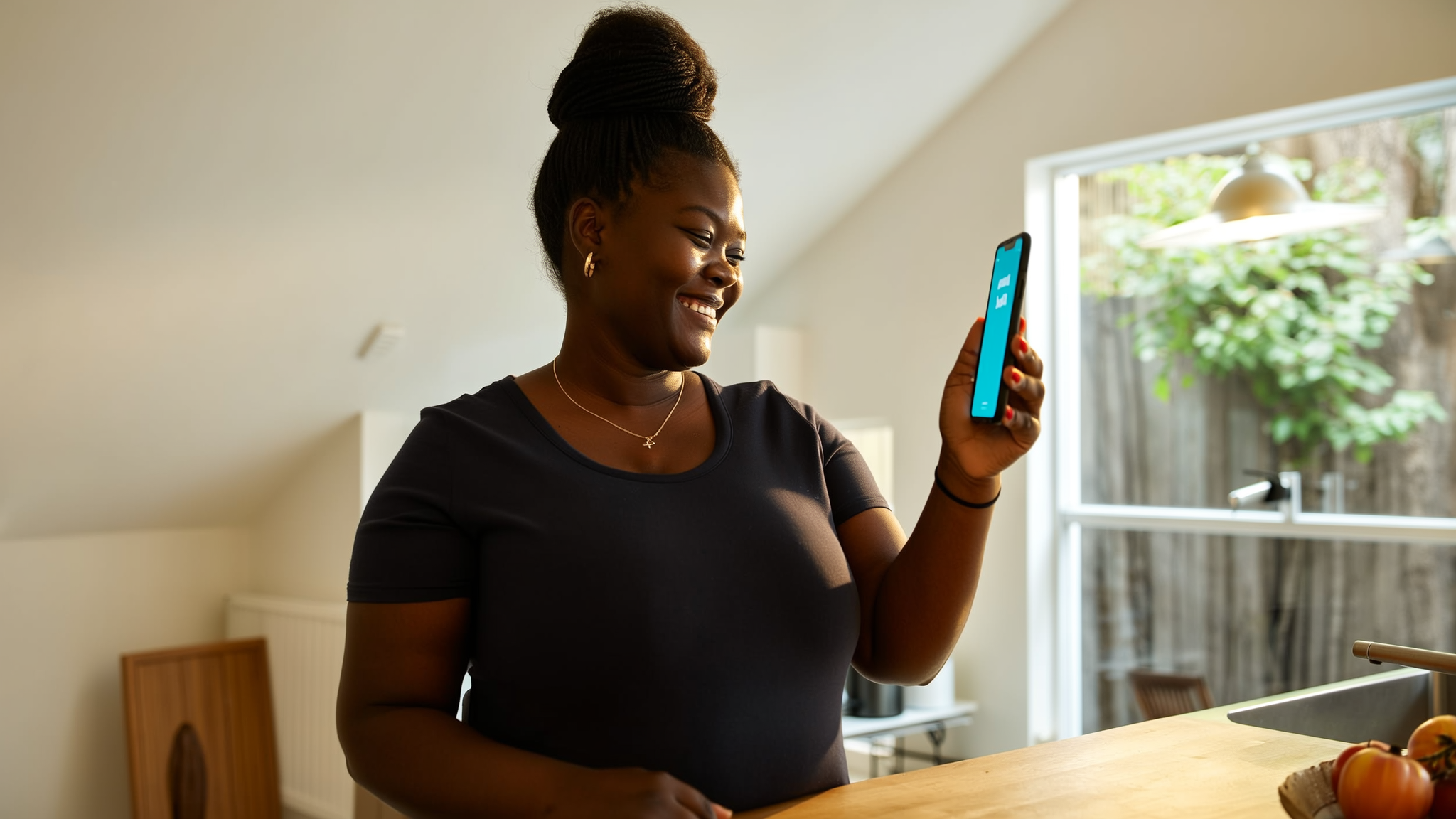 Trabalhadora doméstica sorrindo enquanto registra o ponto pelo celular em casa