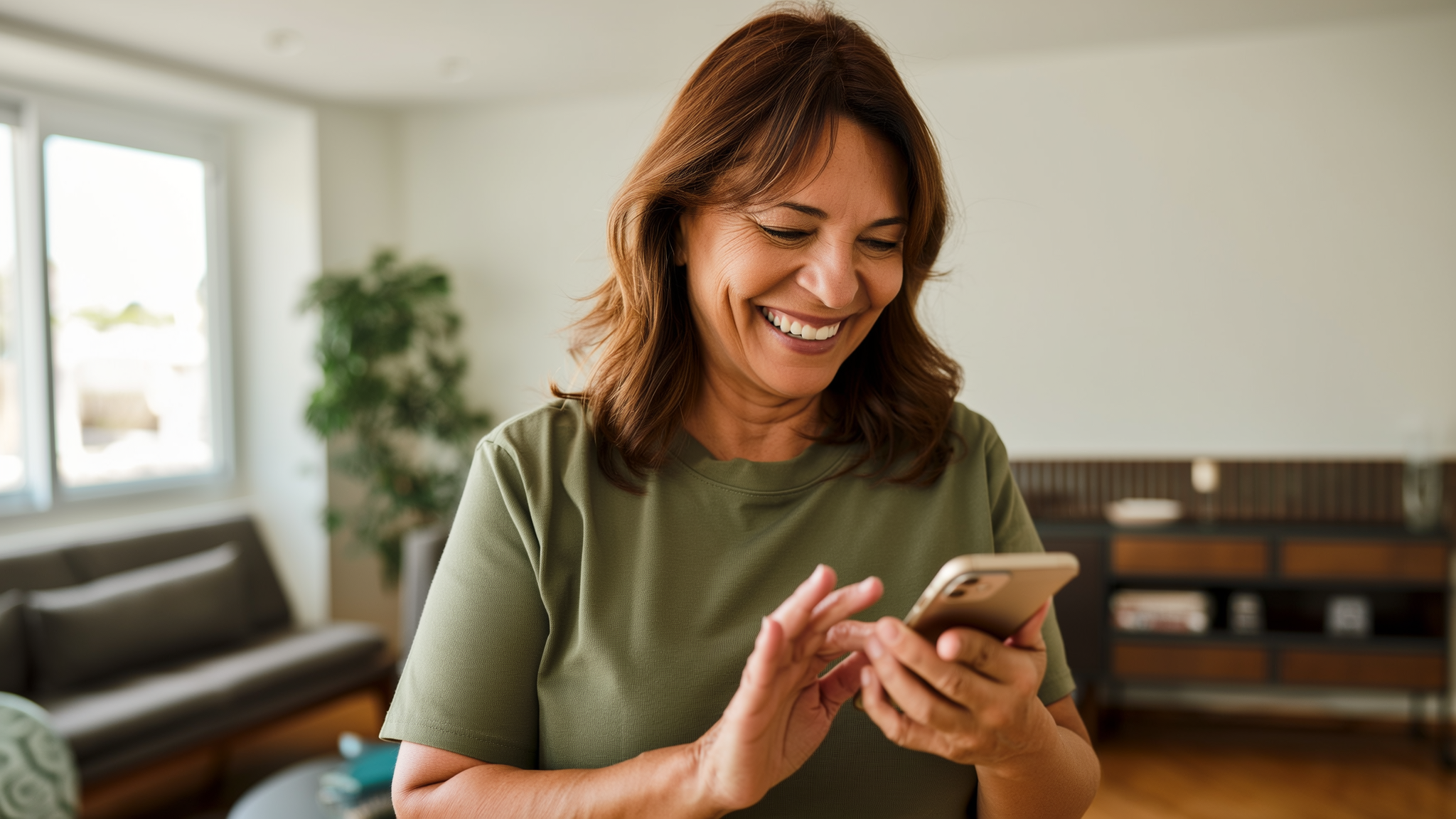 Trabalhadora doméstica sorrindo enquanto registra o ponto pelo celular na sala de casa