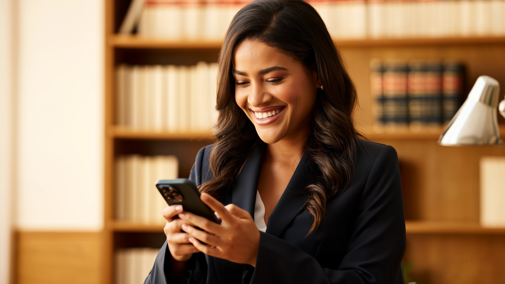 Escritório de advocacia — assistente jurídica batendo o ponto pelo celular