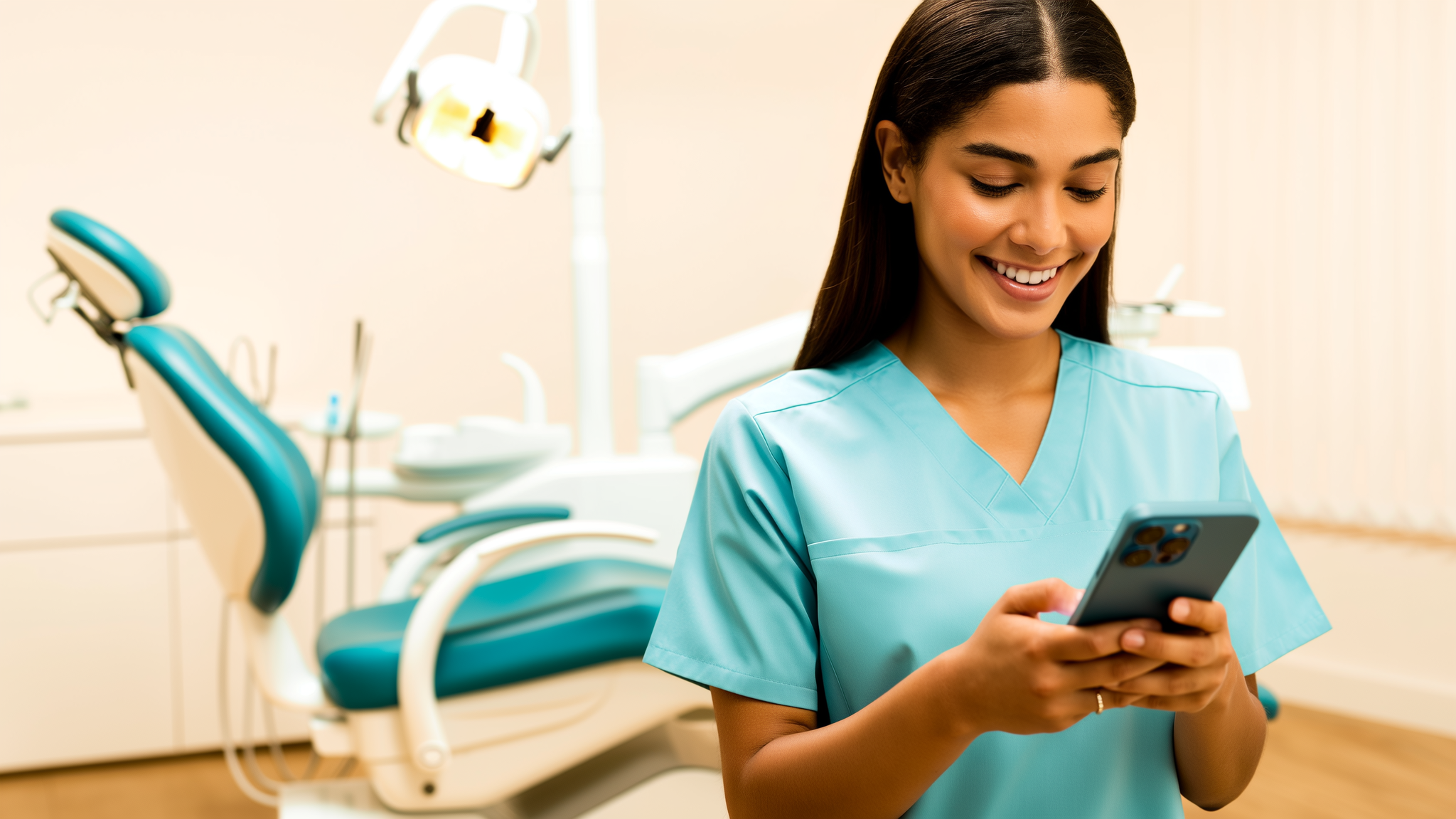 Recepção de clínica e consultório — funcionária batendo o ponto pelo celular
