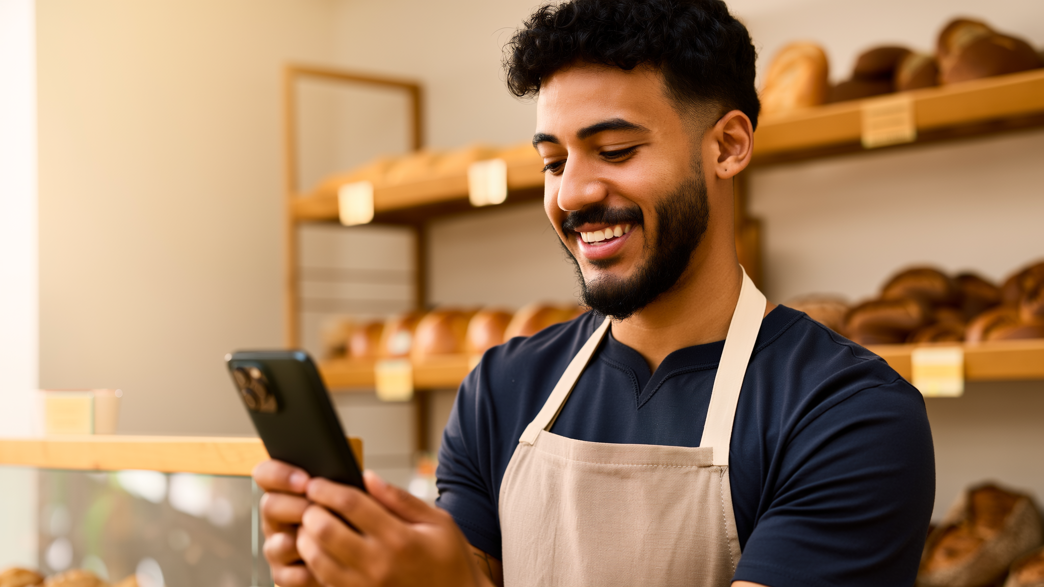 Padaria e pequeno comércio — funcionário batendo o ponto pelo celular