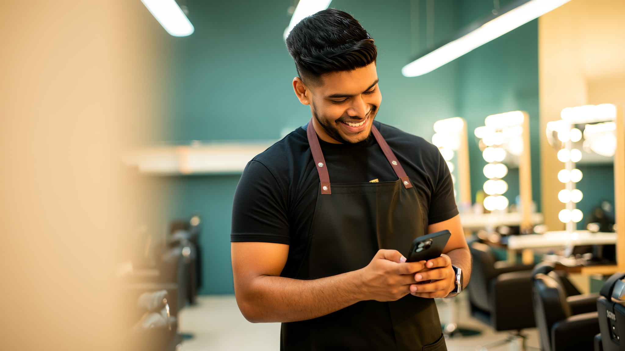 Salão de beleza — profissional registrando a jornada pelo celular