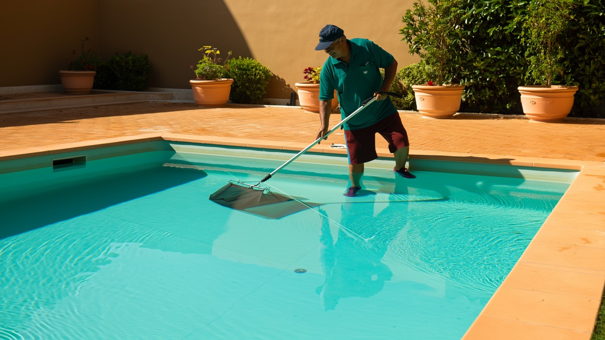 Piscineiro registrando entrada e saída pelo celular na casa do cliente