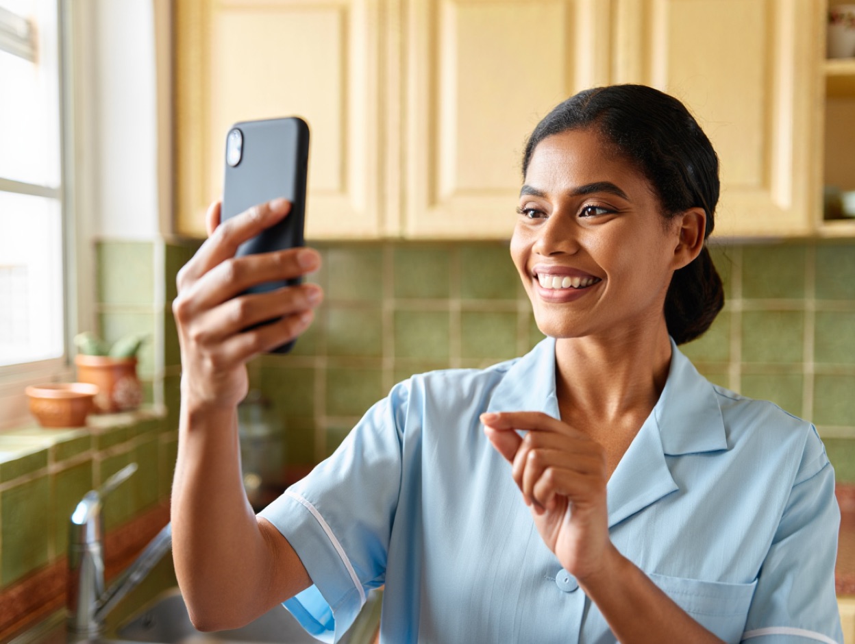 Funcionária sorrindo batendo o ponto com o rosto na cozinha